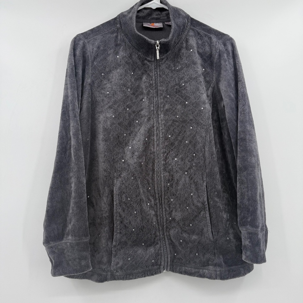 Quacker Factory Sweater Women Medium Gray Full Zip Rhinestones Velour Jacket 90s